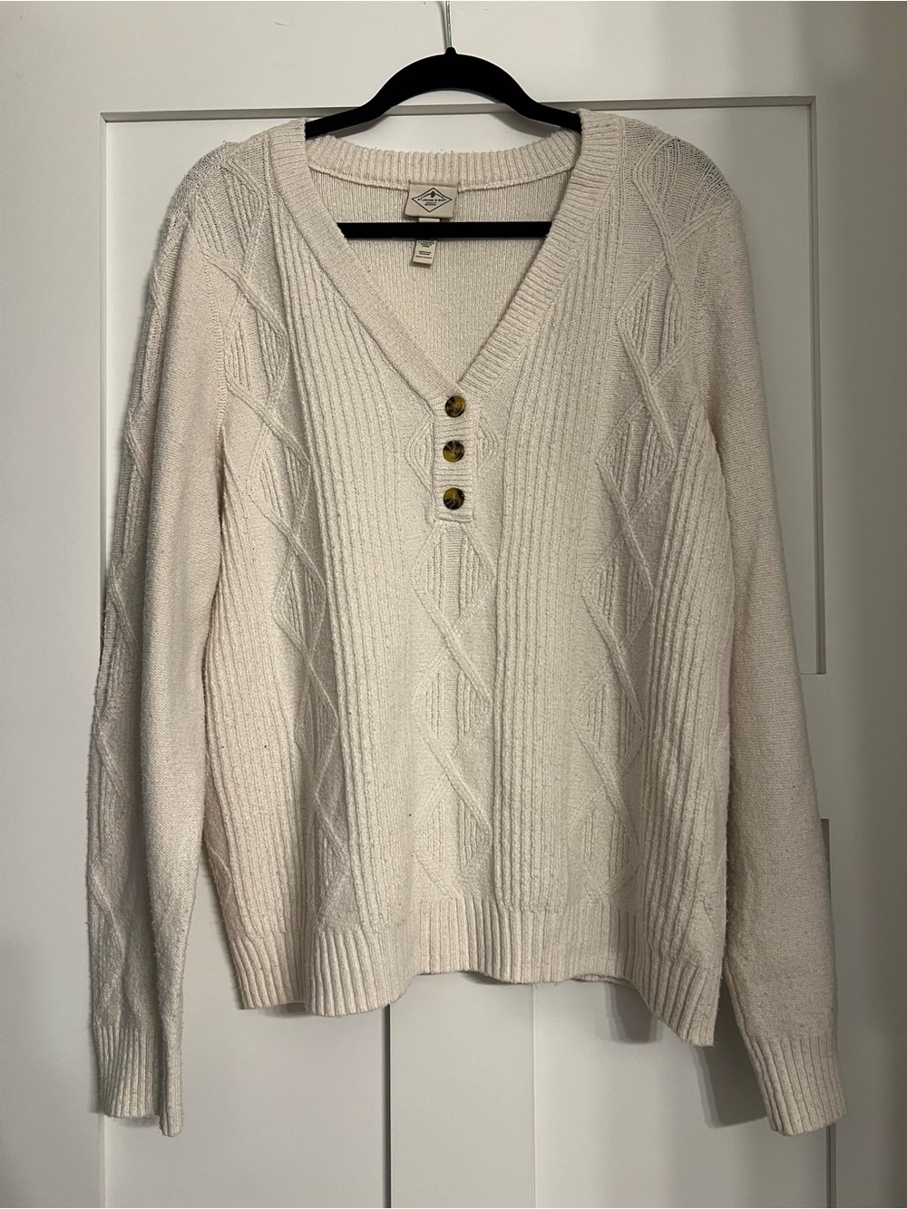 St. John's Bay Cream Cable V-Neck Sweater with Button Placket